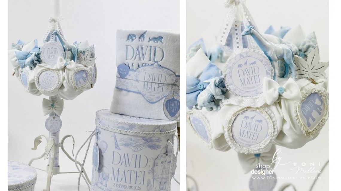 Lumânare botez băieți Blue Animals Safari Dream alb cu accente bleu și animale exotice 17